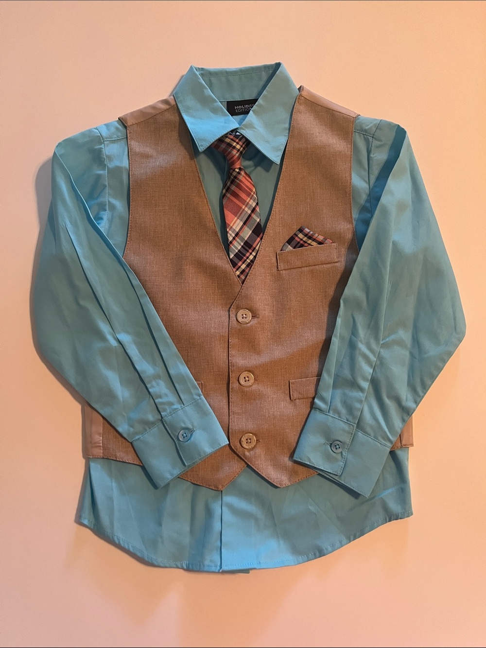 Holiday Editions Teal Dress Shirt with Tan Vest and Plaid Tie